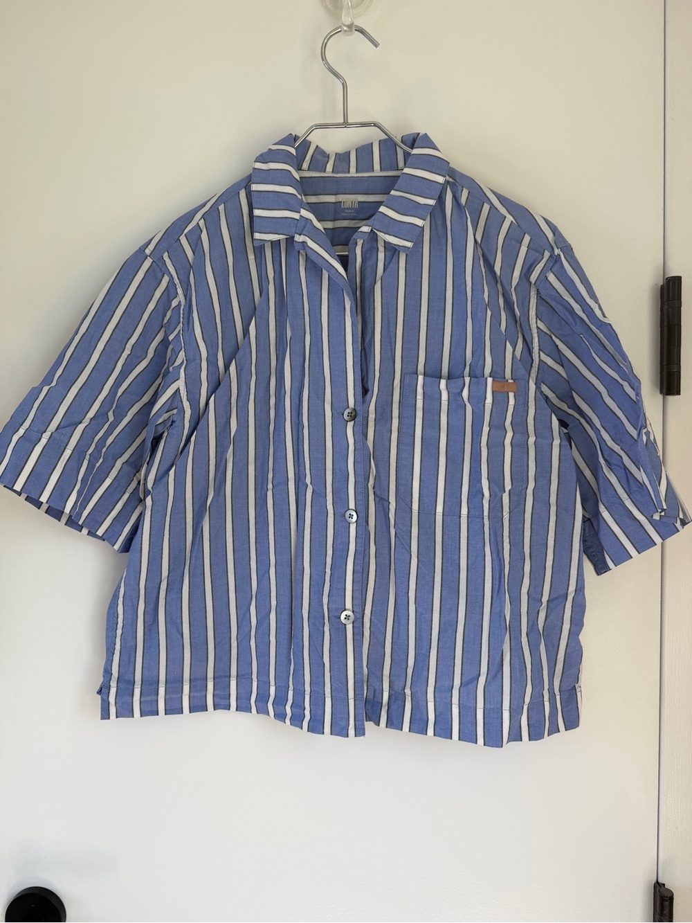 Lunya Blue and White Stripe Short-Sleeve Button-Up Shirt